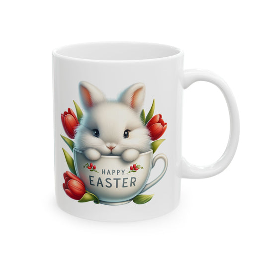 Bunny Ceramic Mug - 11oz, 15oz - Red Flower Design