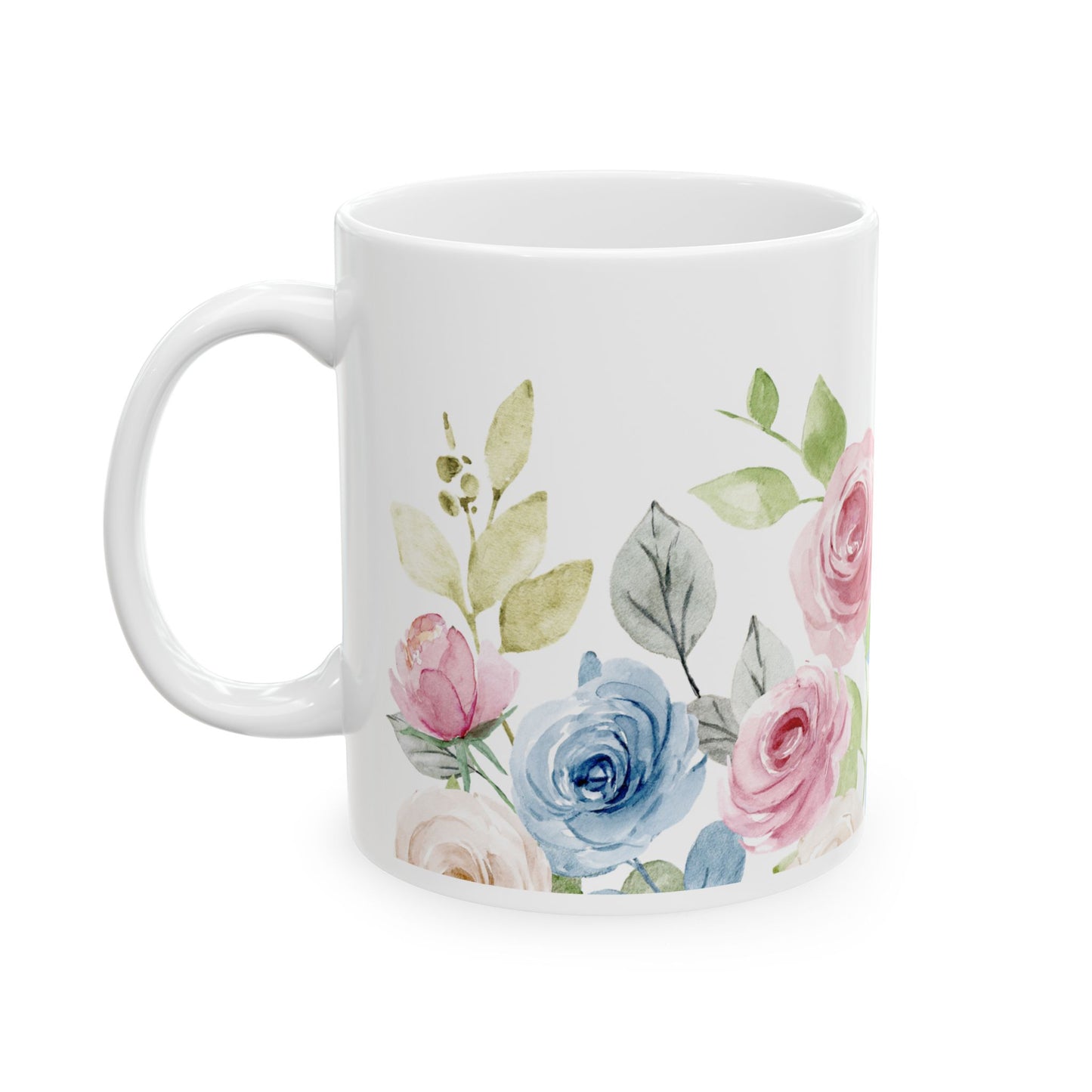 Blue & Pink Roses Ceramic Mug, (11oz, 15oz)